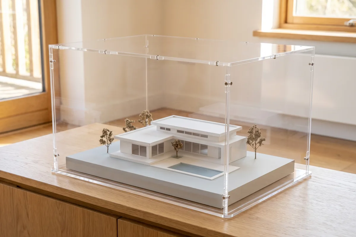 Architectural presentation model under a clear acrylic display case on a plinth