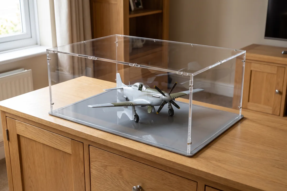 Aircraft model with lowered undercarriage under a flat wide acrylic display case