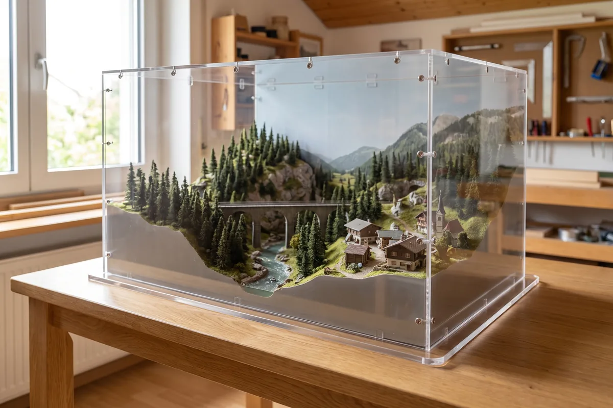 Large modelling scene under an oversize acrylic display case