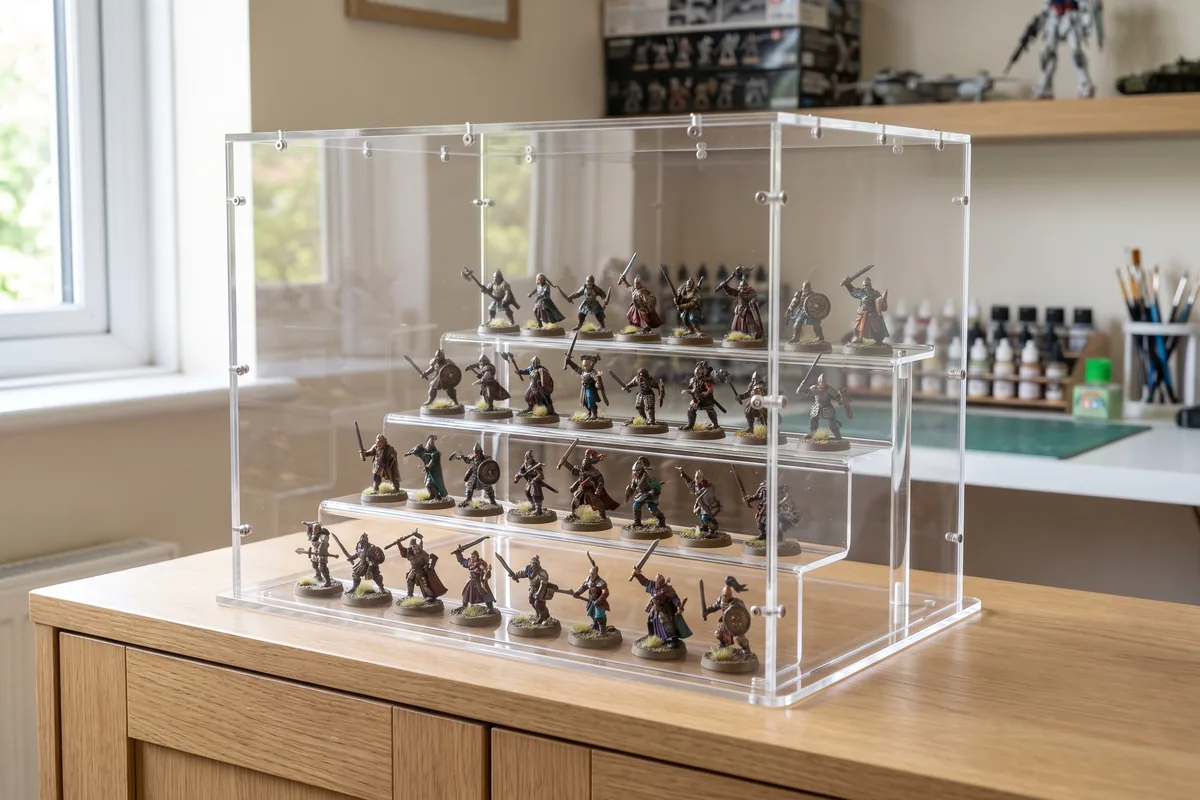 Painted tabletop miniatures tiered on an acrylic staircase under a display case