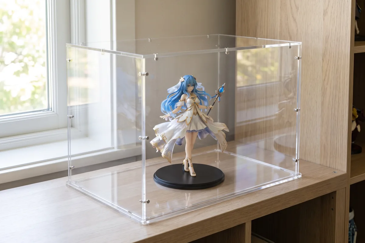 Anime collectable figure with delicate details under a clear acrylic display case