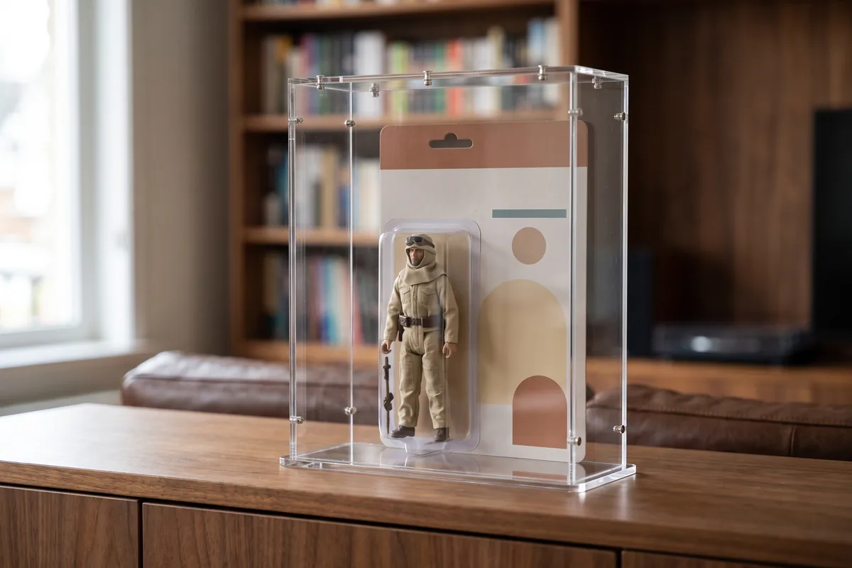 Action figure on its original blister card in a precisely fitting acrylic case