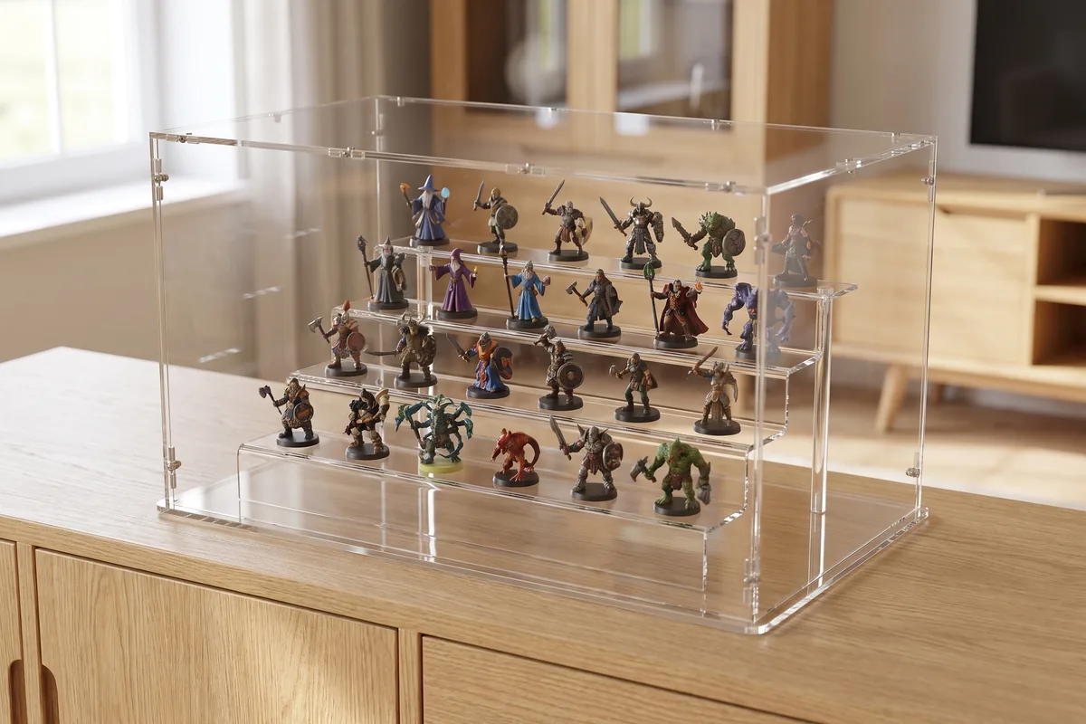 Many small collectable figures tiered on an acrylic staircase under a display case