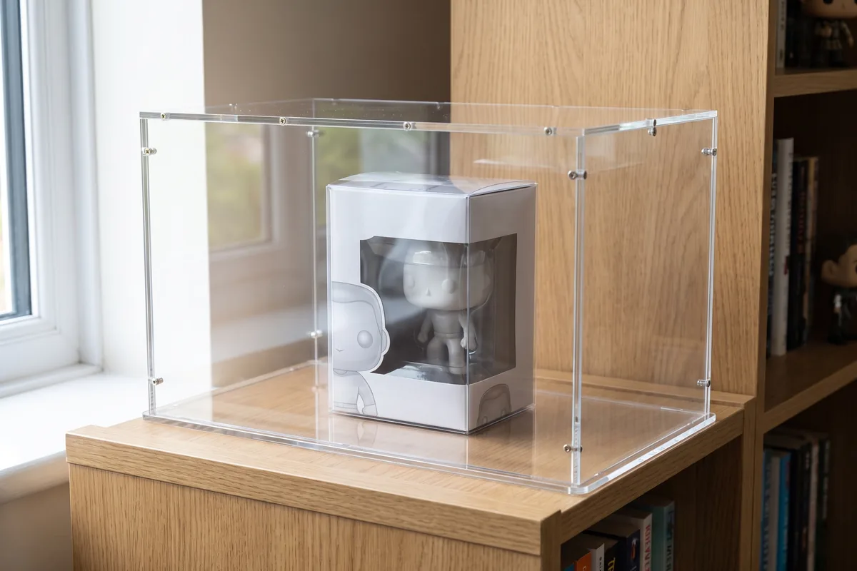 Funko Pop box in a precisely fitting acrylic case on a shelf