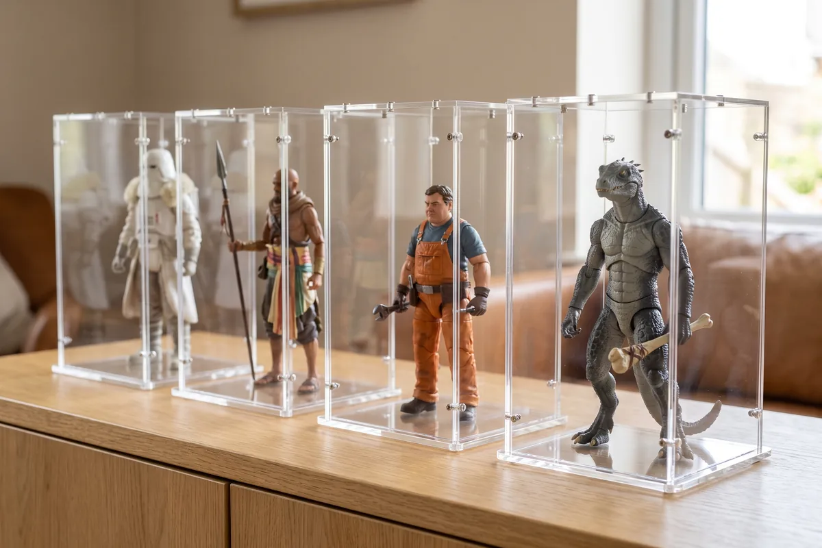 Several 15 cm action figures in individual acrylic cases side by side
