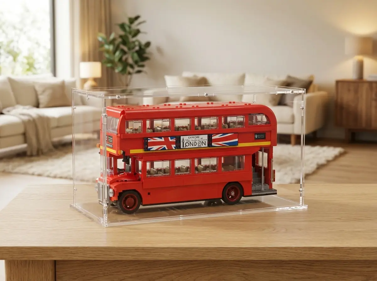 Sora acrylic display case over a red LEGO Creator London double-decker bus on a wooden table