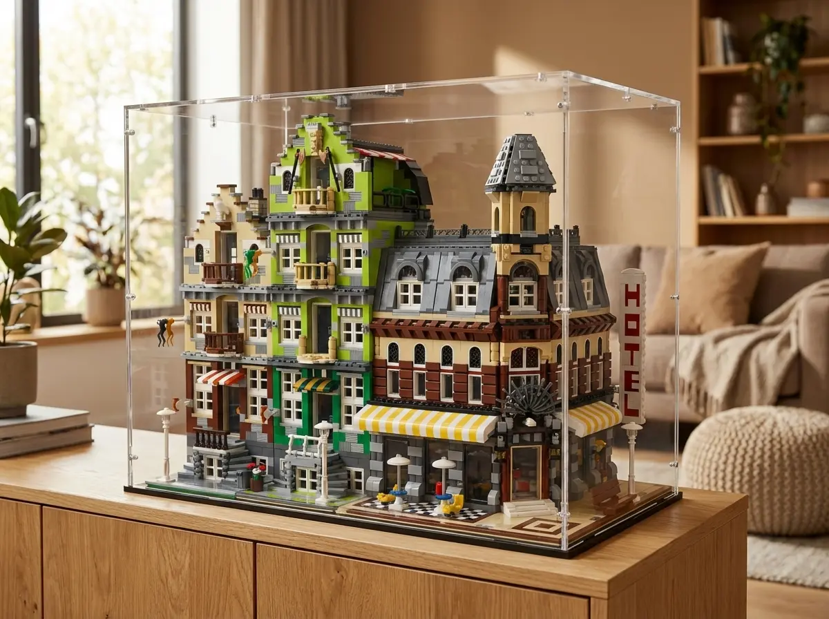Sora acrylic display case over a LEGO Modular Building with a detailed facade on a sideboard