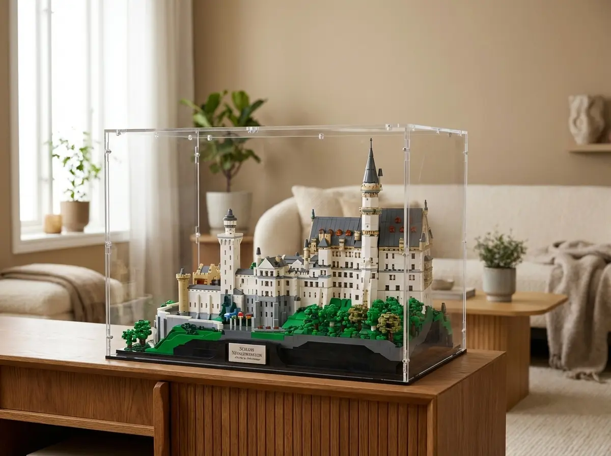 Large Sora made-to-measure display case over a LEGO Neuschwanstein Castle model