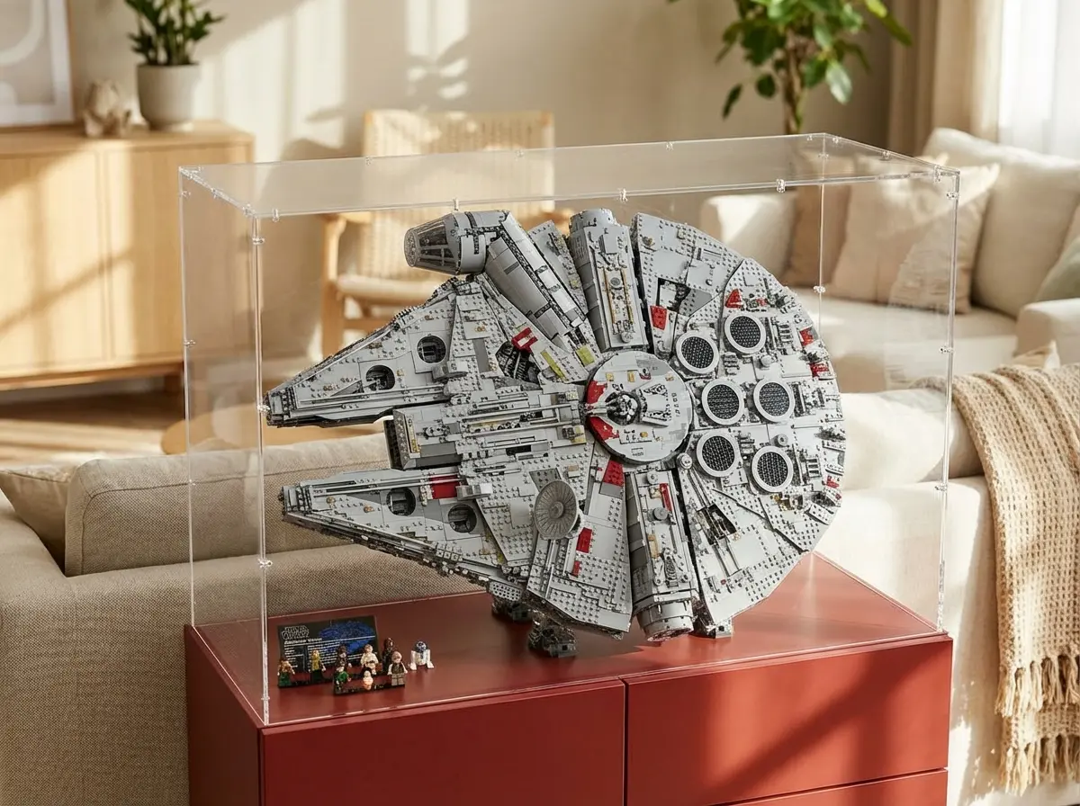 Large Sora oversize display case over the LEGO Star Wars UCS Millennium Falcon with minifigures in front