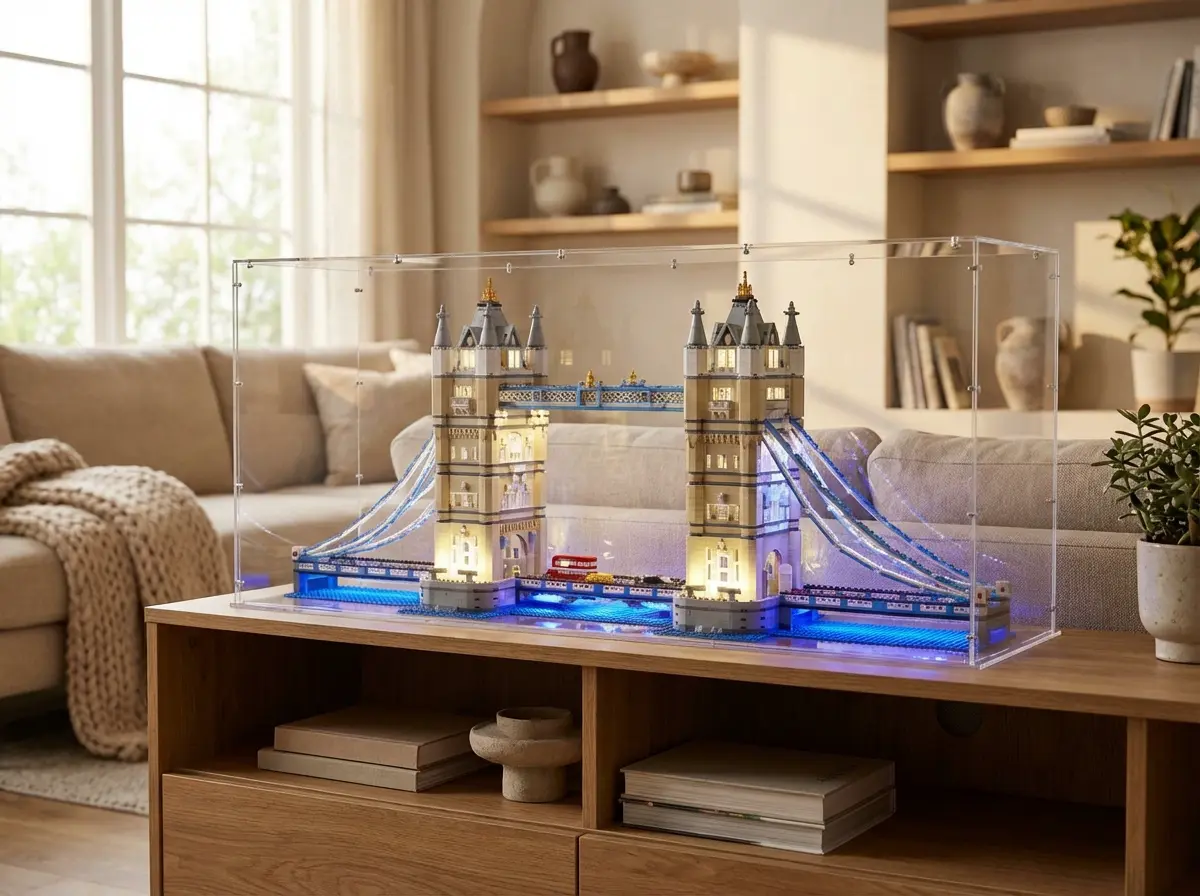 Sora made-to-measure display case over an illuminated LEGO Tower Bridge model on a sideboard