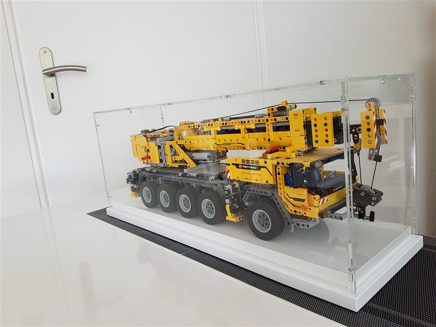 Real customer photo: yellow LEGO Technic mobile crane under a Sora made-to-measure display case