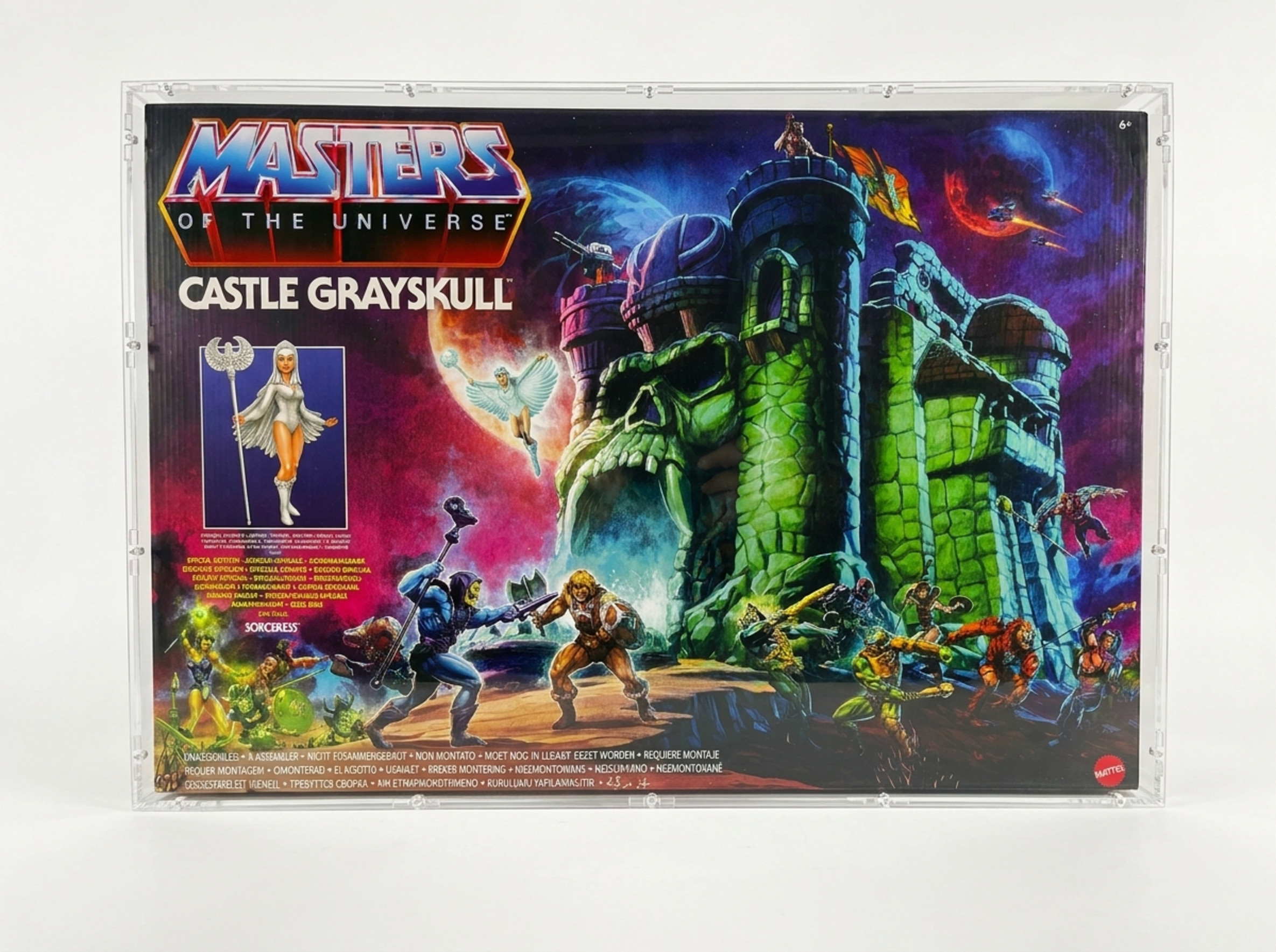 MotU Origins Castle Grayskull in its original packaging under a Sora acrylic case