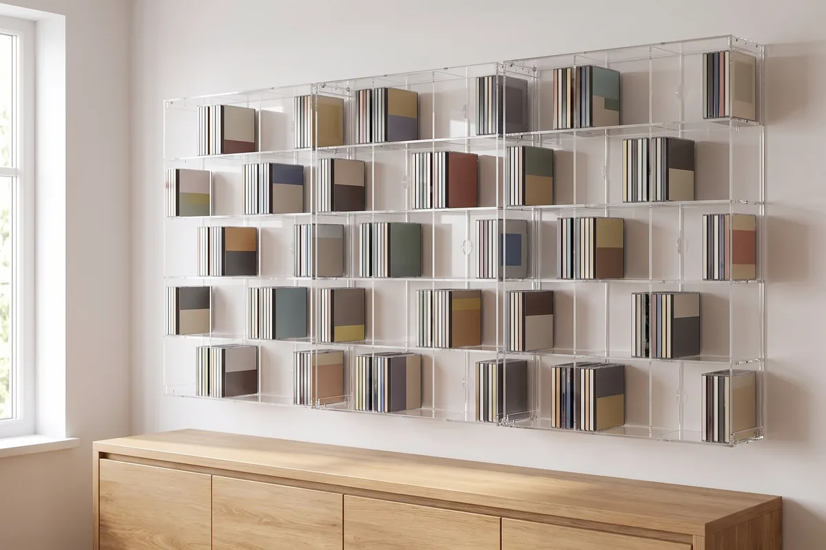 Several transparent modular CD racks joined into one continuous wall