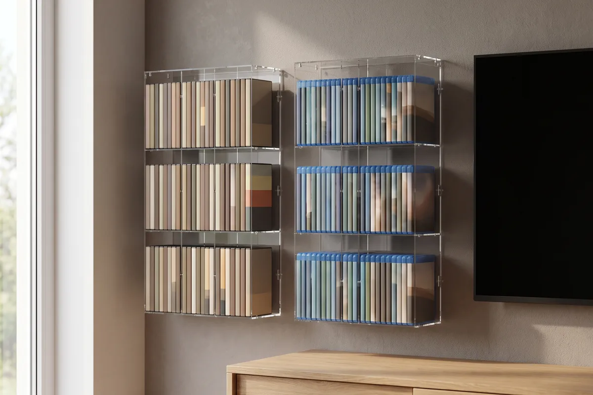 DVD and Blu-ray modular racks in acrylic side by side on the wall