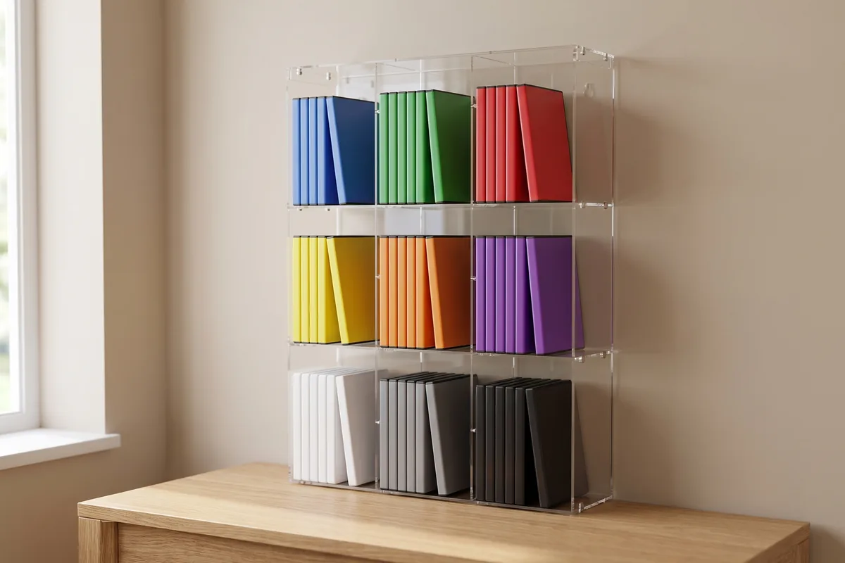 Video game cases sorted in a transparent acrylic rack