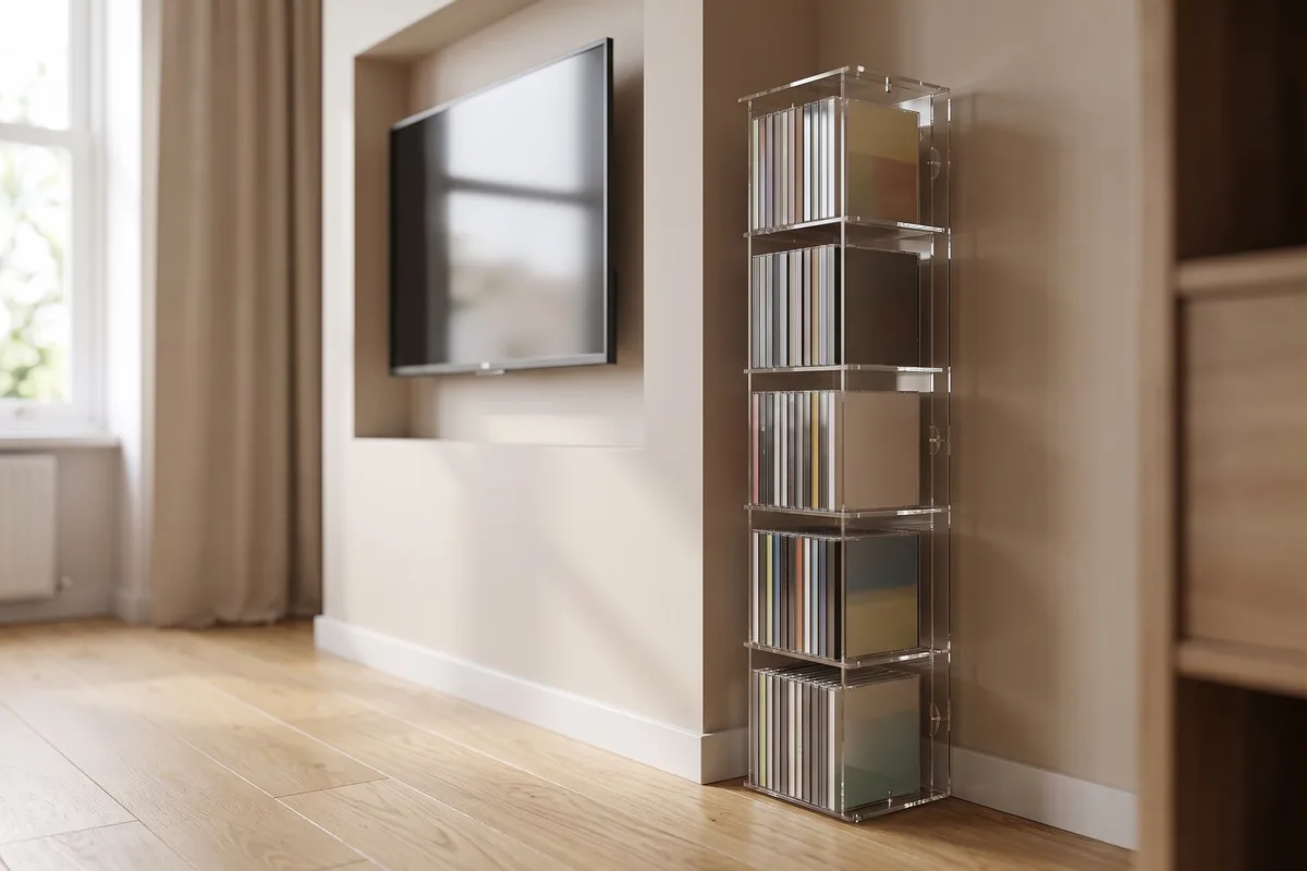 Narrow acrylic tower with CDs in a recess next to the television