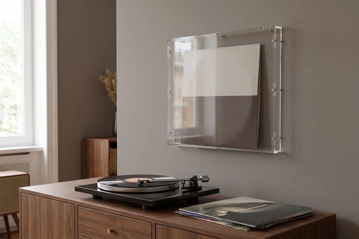 Record cover in an acrylic wall frame above a sideboard