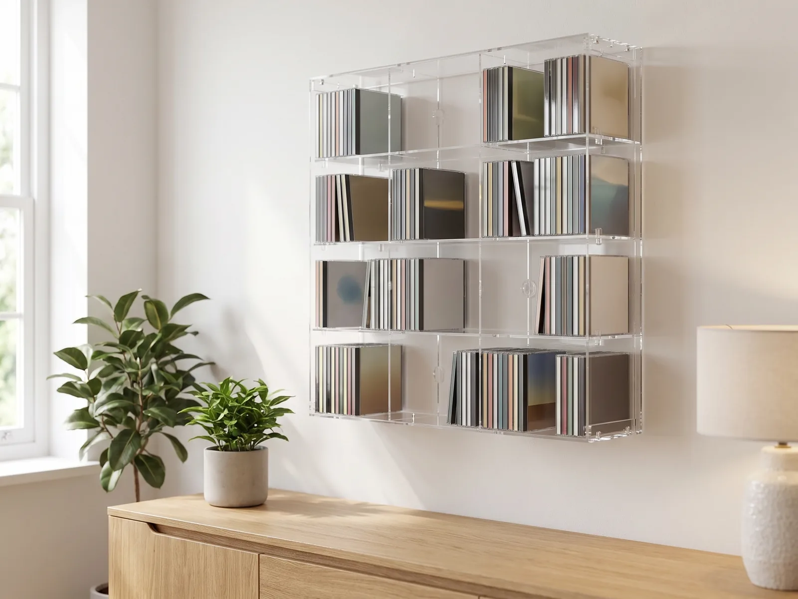 Made to measure acrylic rack for a CD and DVD collection