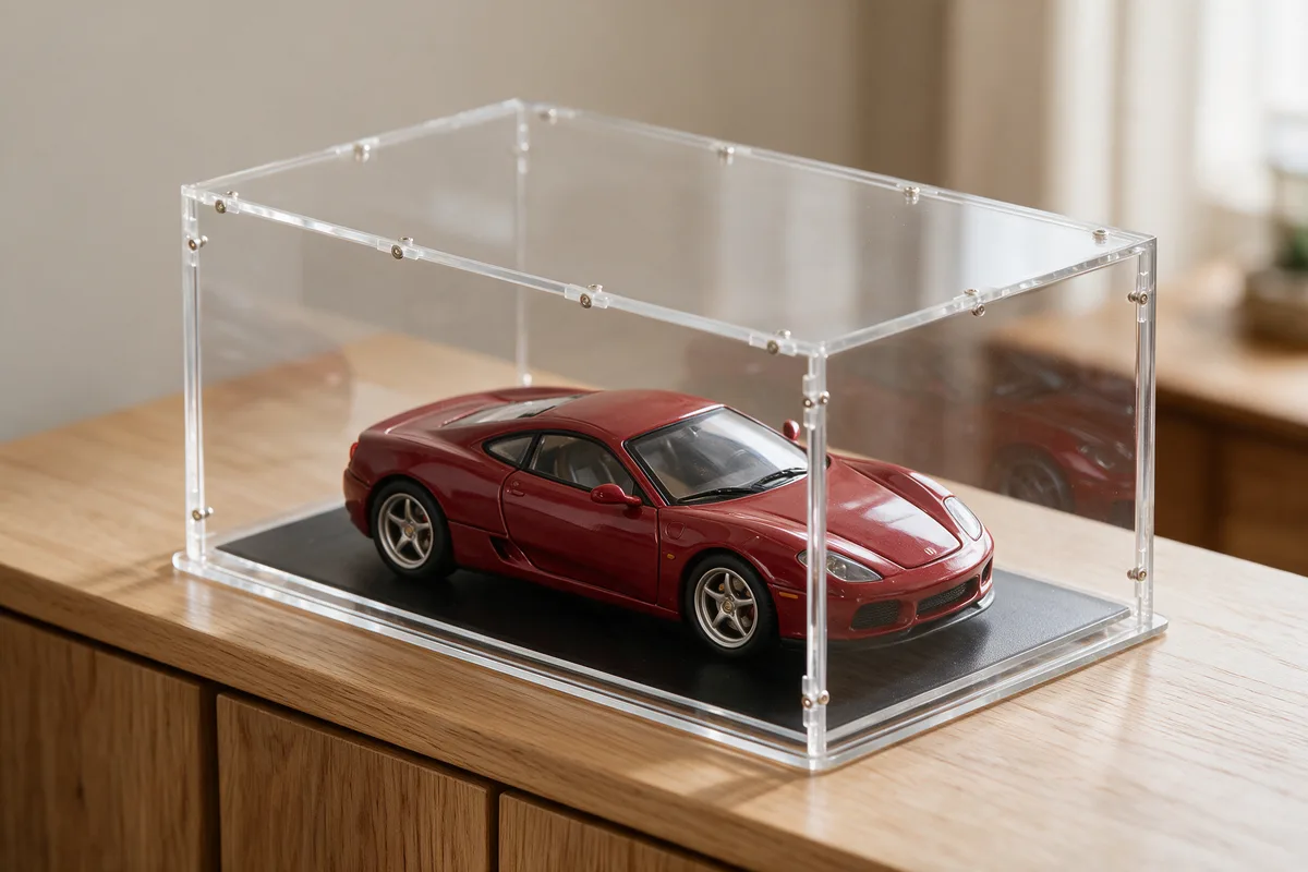 Large 1/8 model car under a made to measure acrylic display case in a special size