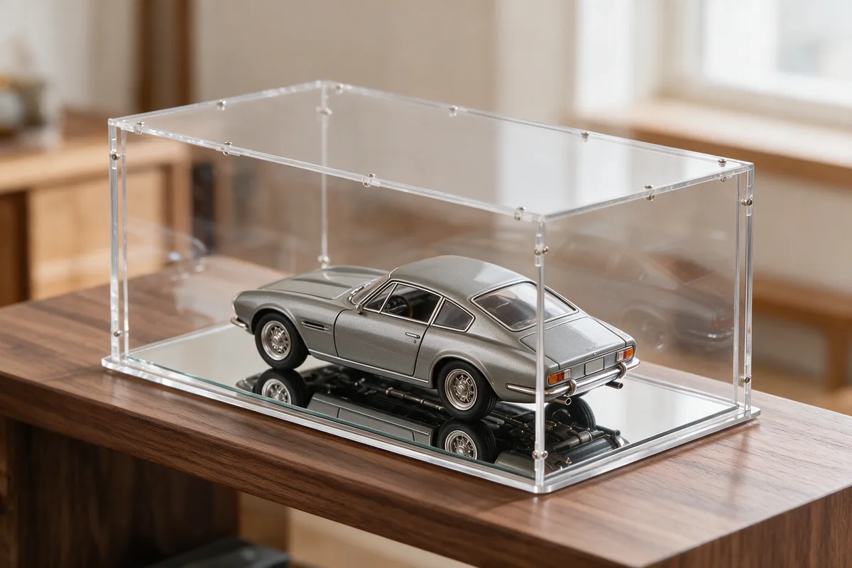 Single 1/18 model car under a Sora acrylic display case with a reflective base