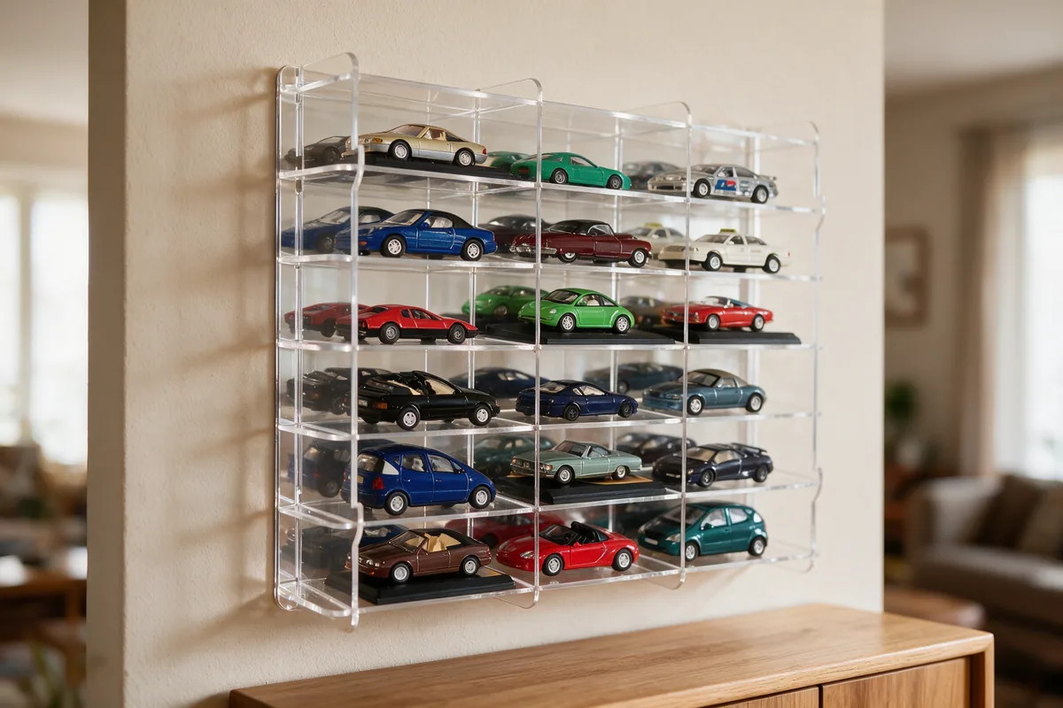 Model car display cabinet holding many 1/43 models in individual compartments