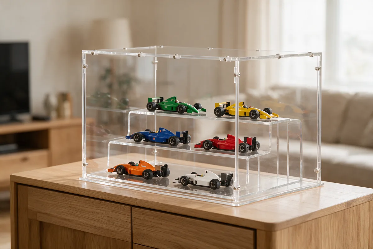 Several Formula 1 model cars tiered on an acrylic staircase under a display case