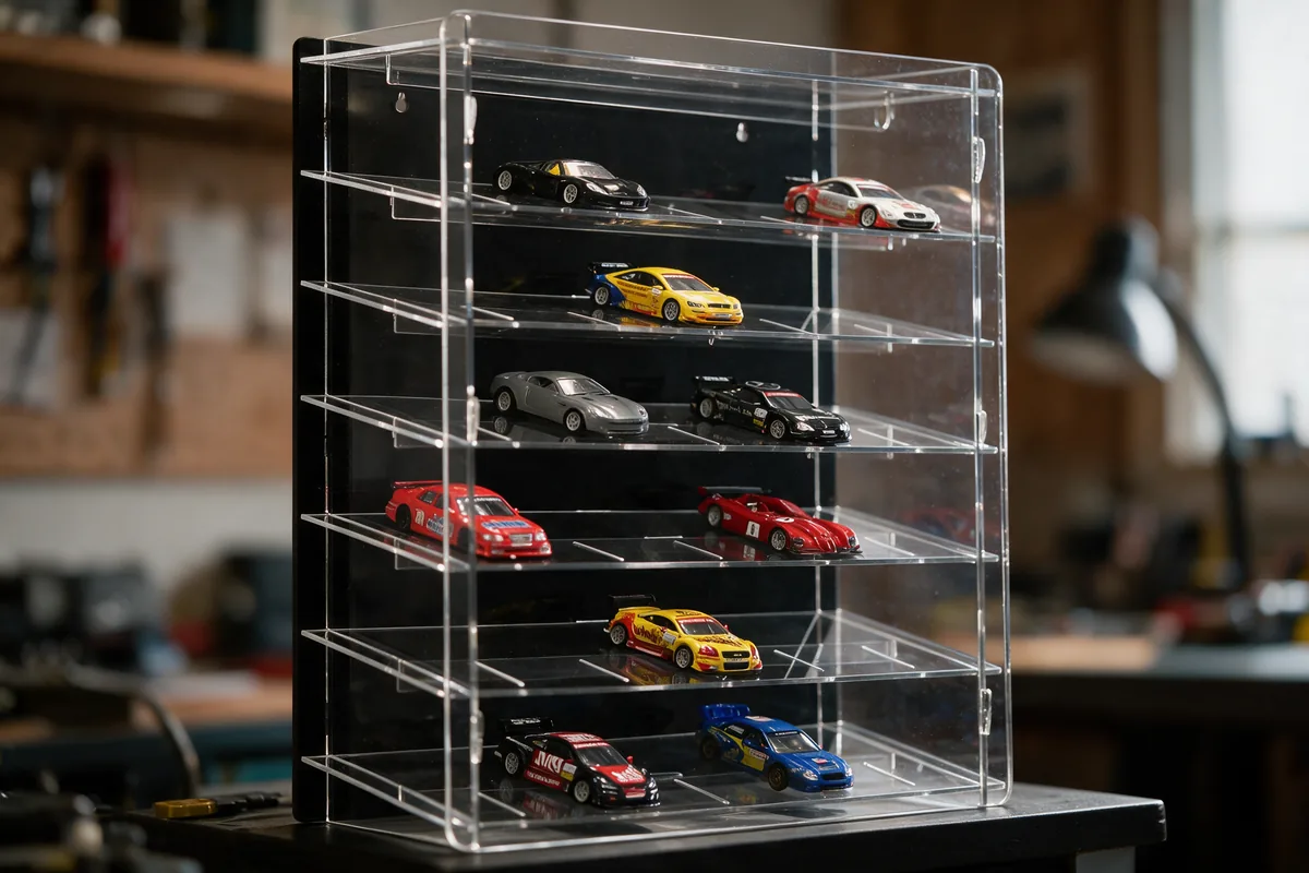 Slot-car display cabinet with sloping compartments and slots for the guide blade