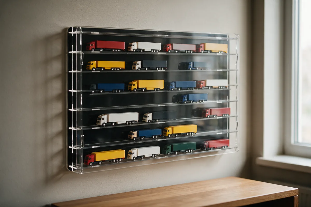 Display cabinet with long compartments for 1/87 model trucks and articulated lorries