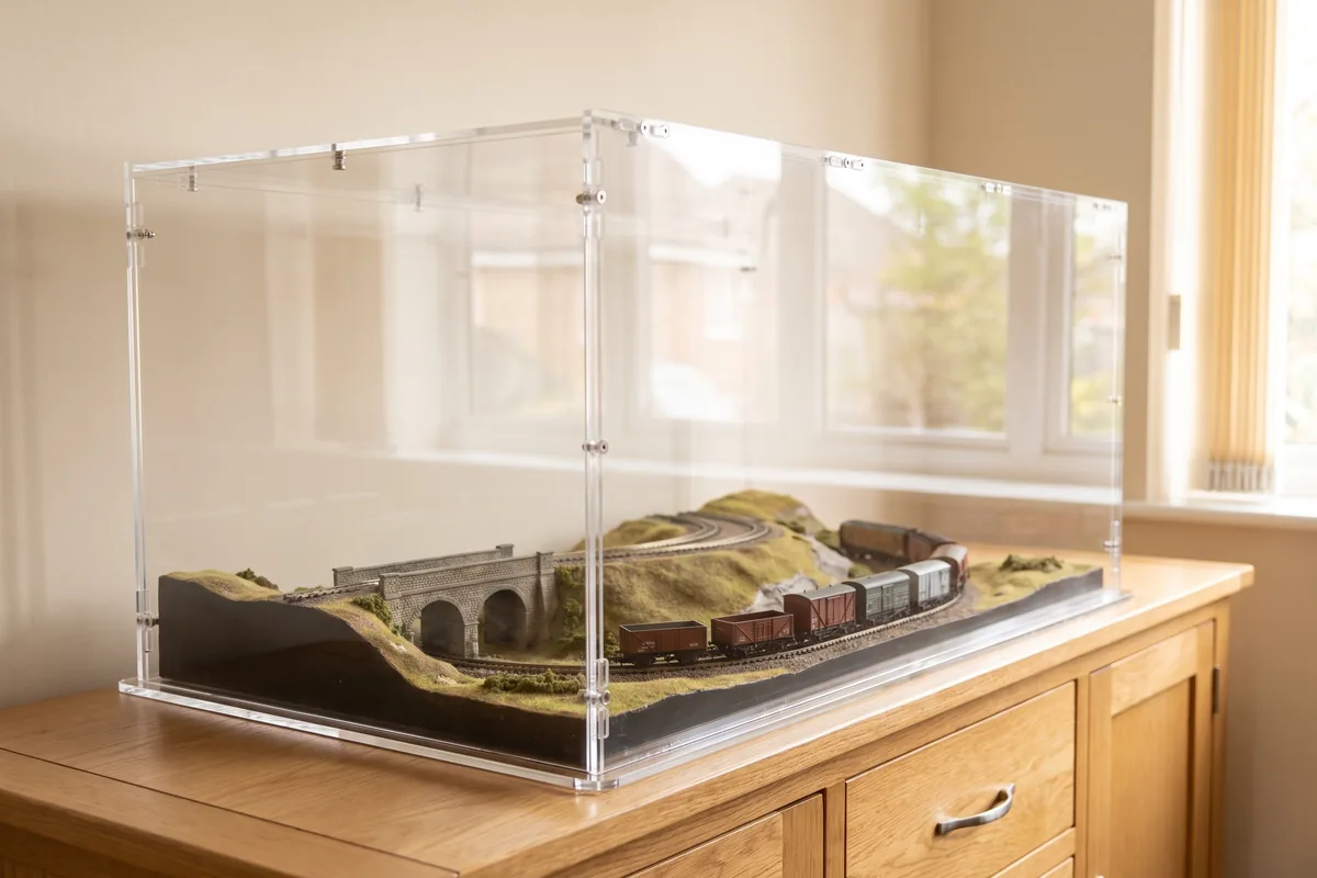 Model railway layout protected from dust under a removable acrylic display case