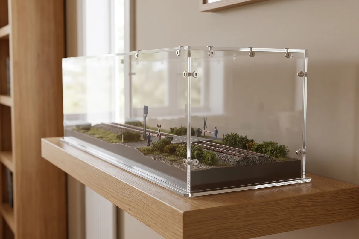 Long narrow model railway diorama under a flat acrylic display case