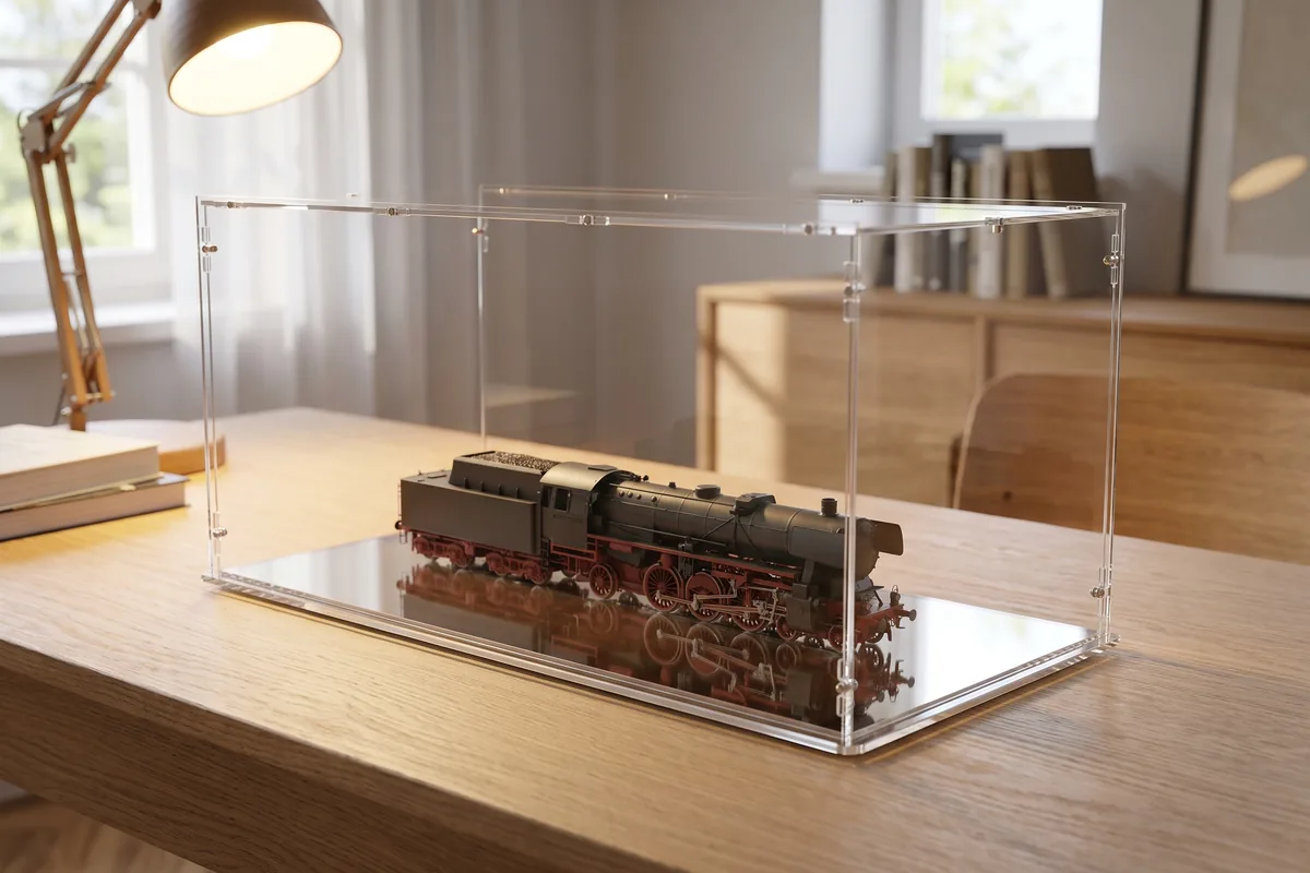 Single model railway locomotive under a small acrylic display case with a reflective base