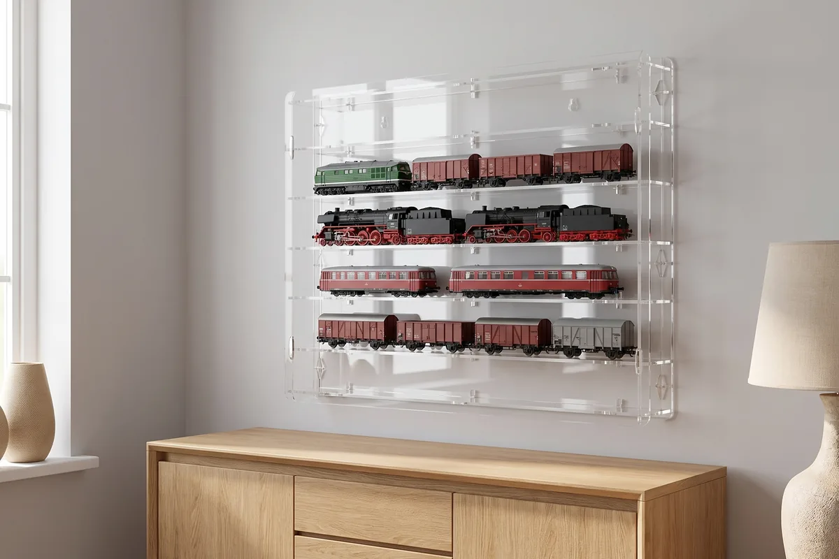 Model railway display cabinet with several locomotives and coaches mounted on a wall