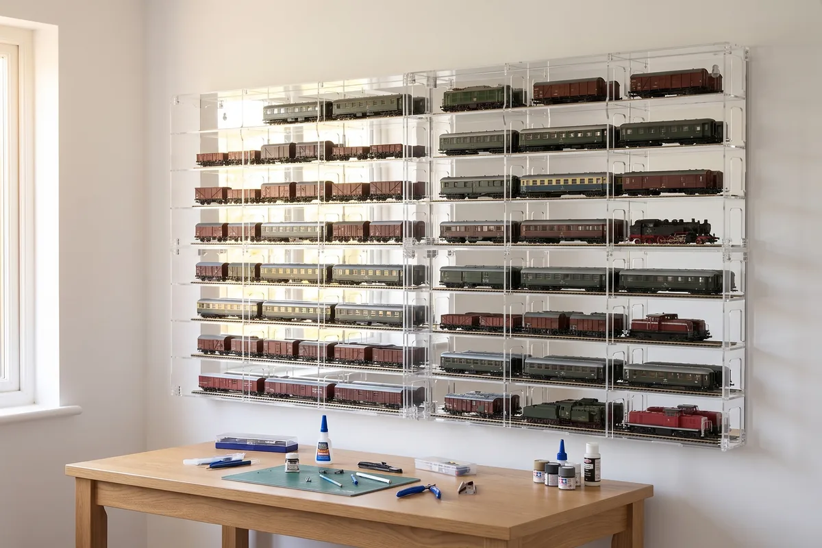 Several modular model railway display cabinets joined into a large collector wall
