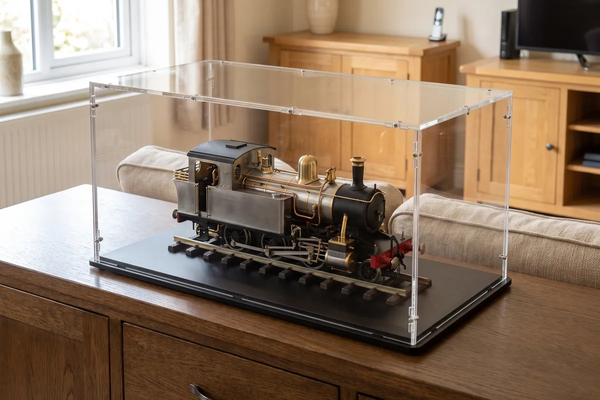 Large gauge 1 locomotive under a long made to measure acrylic display case