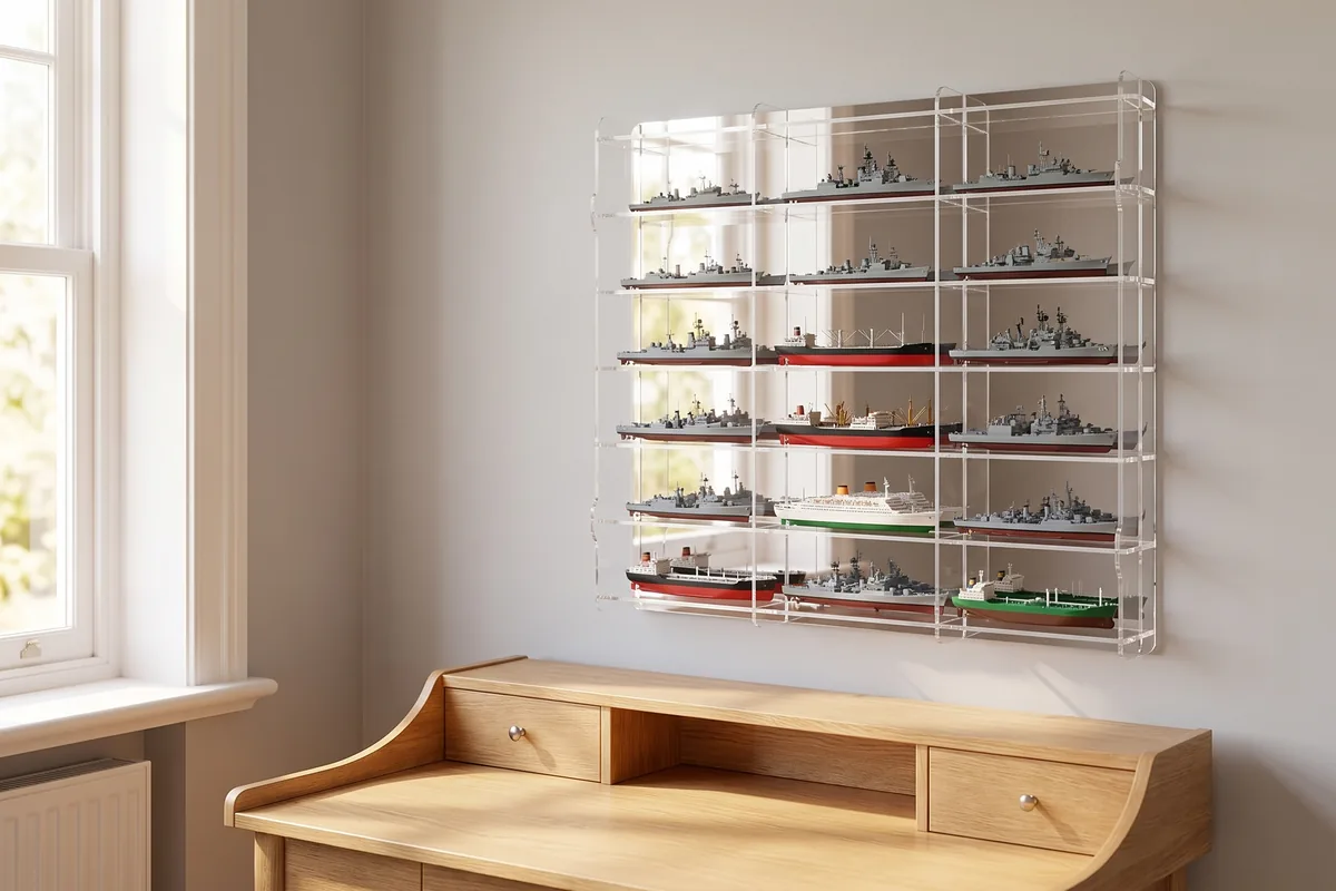 Collection of small waterline ship models in a display cabinet with shallow compartments