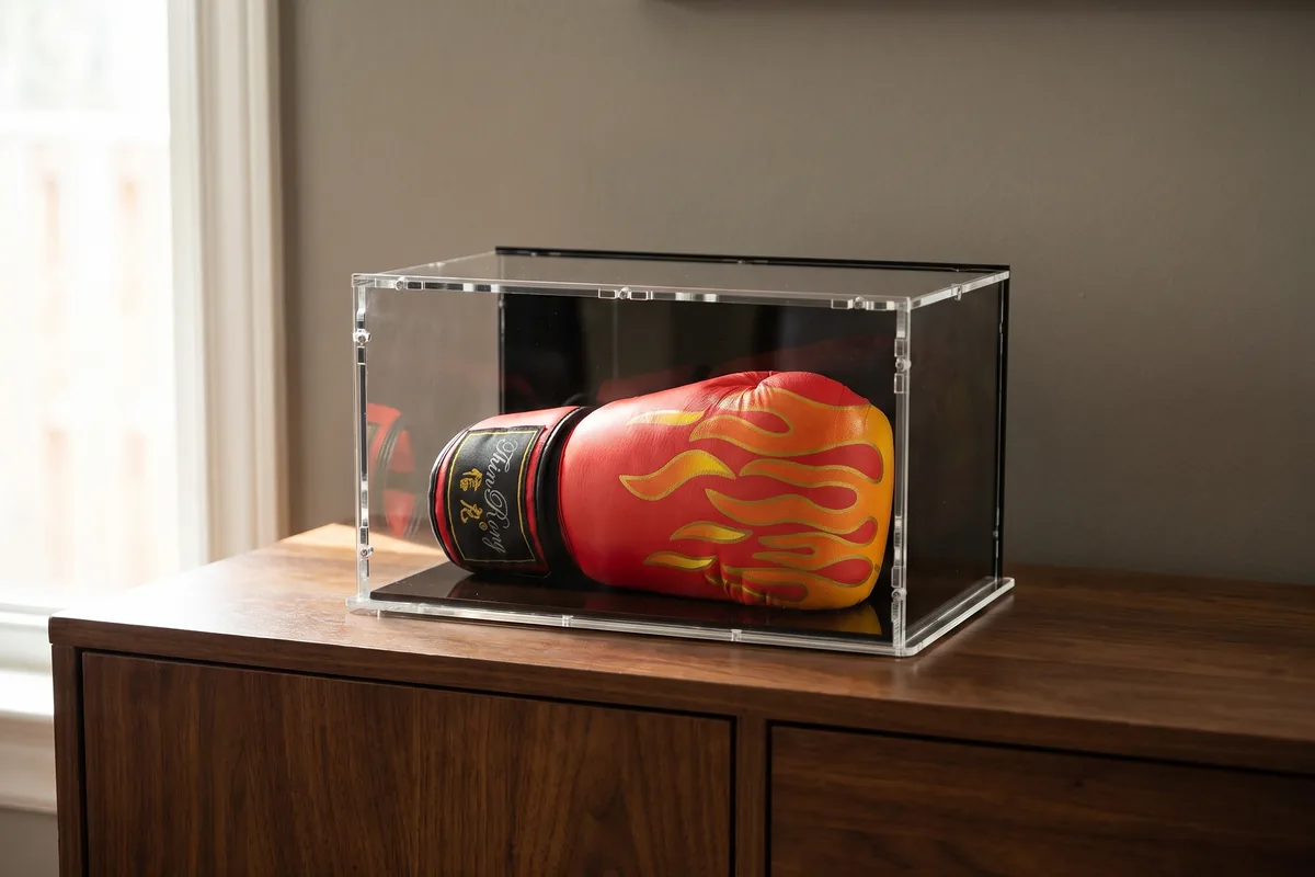 Boxing glove on a stand in an acrylic display case with a black base