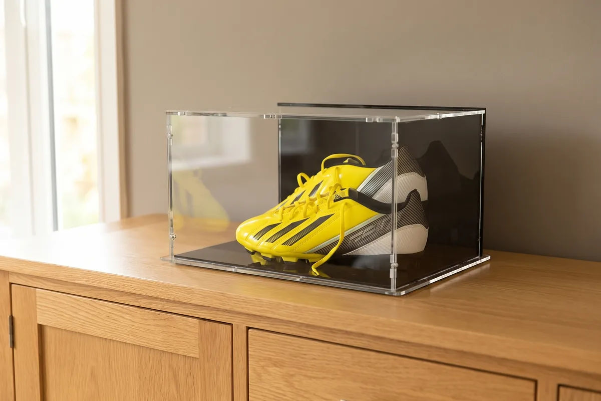 Pair of football boots on height-adjustable stands in an acrylic display case