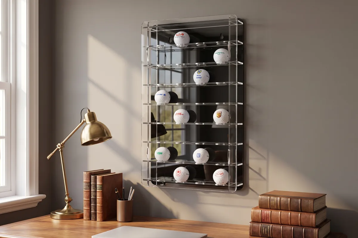 Acrylic golf-ball cabinet with many golf balls in individual recesses on a wall