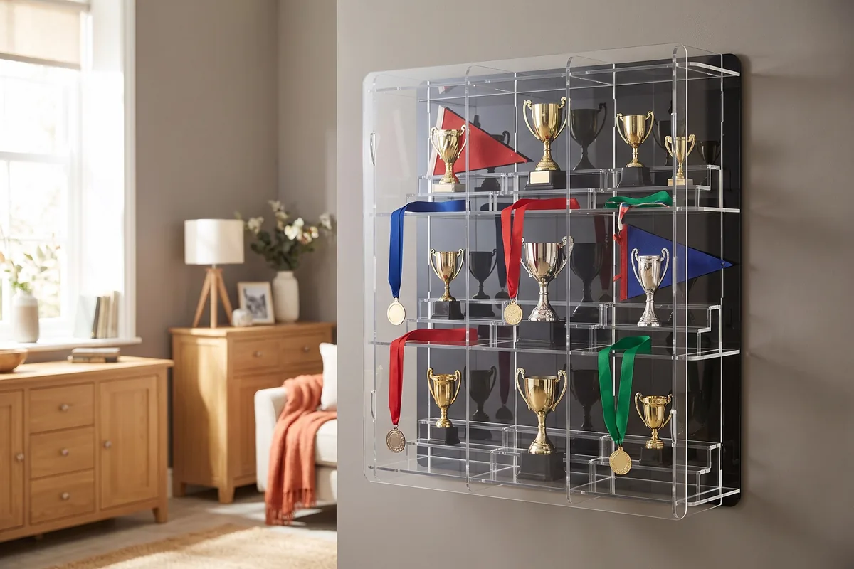 Trophies, medals and pennants in a display cabinet made of acrylic glass