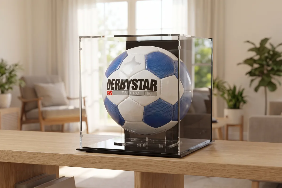 Signed football on a stand in an acrylic display case with a black back panel
