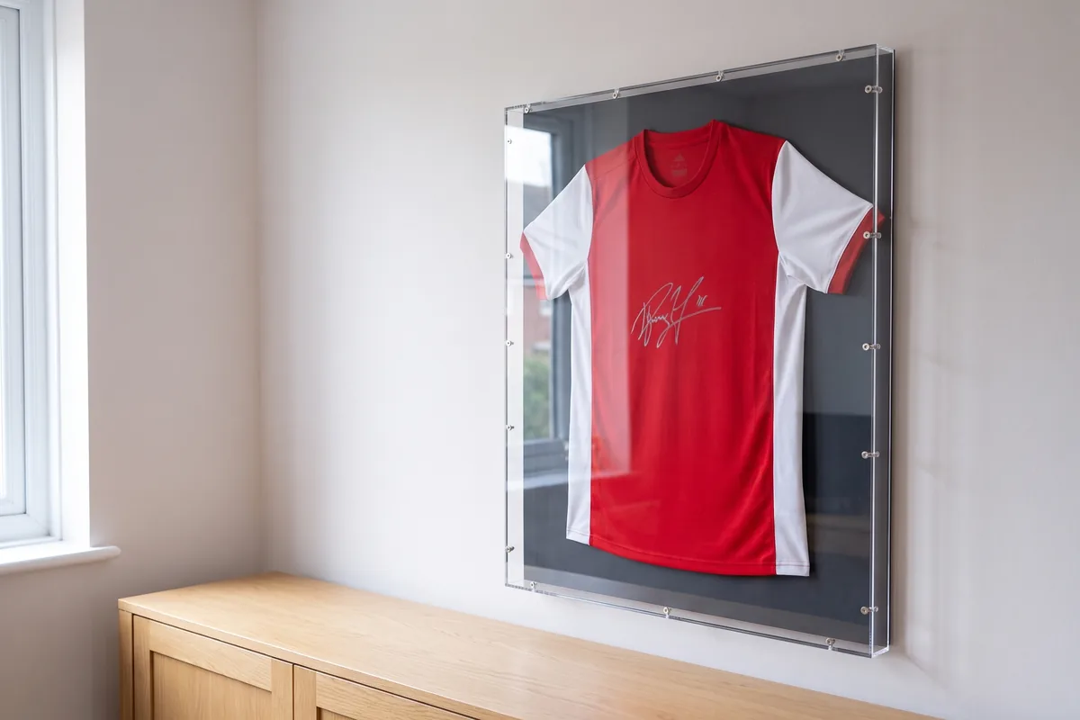 Signed shirt in a flat acrylic box on the wall