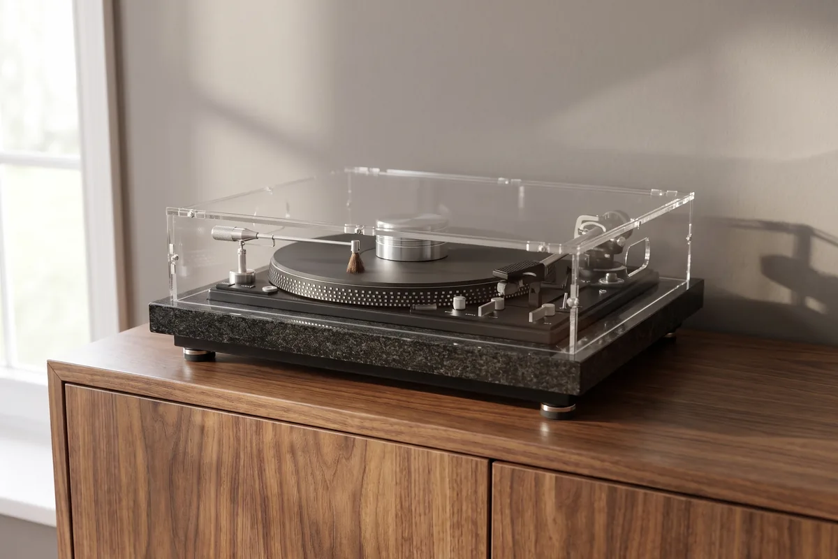 Classic turntable with a new clear acrylic cover instead of a yellowed original cover