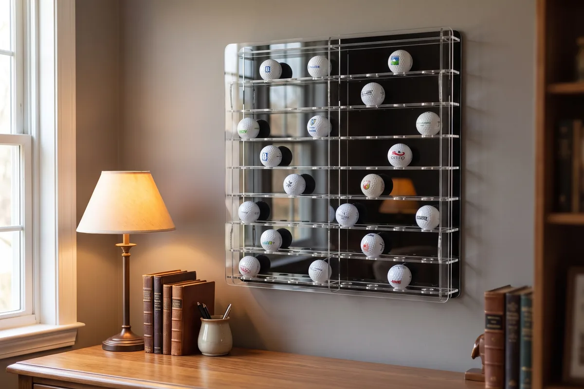 Made to measure golf ball display cabinet with a black back panel on the wall