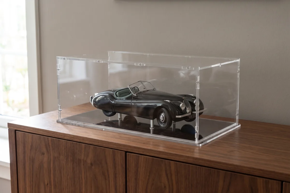 Made to measure acrylic display case over a model car on a sideboard