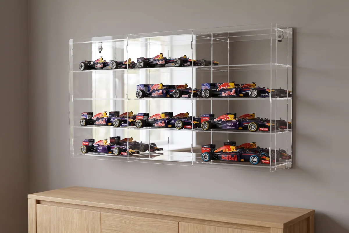 Made to measure display cabinet on the wall, filled with model cars