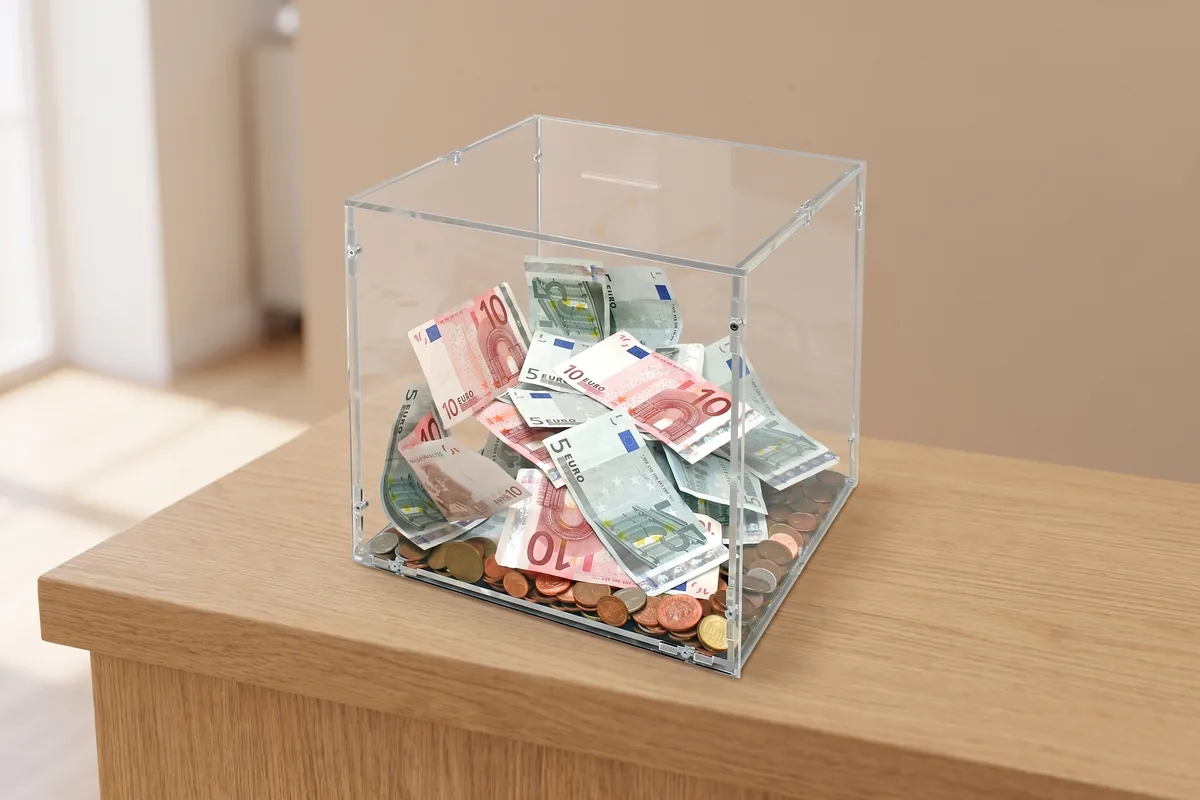 Made to measure acrylic donation box with a slot, filled with money