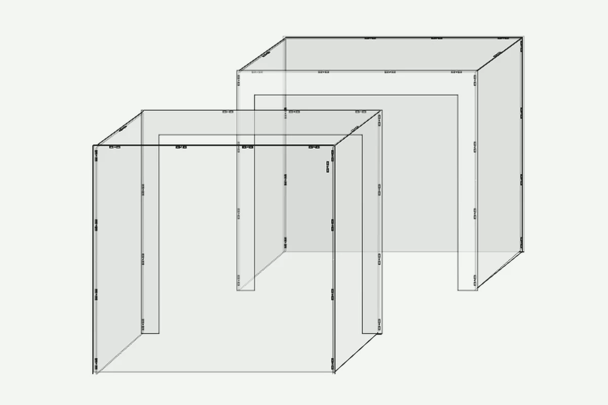 Sketch: split display case made of two individual cases with a tunnel cut-out