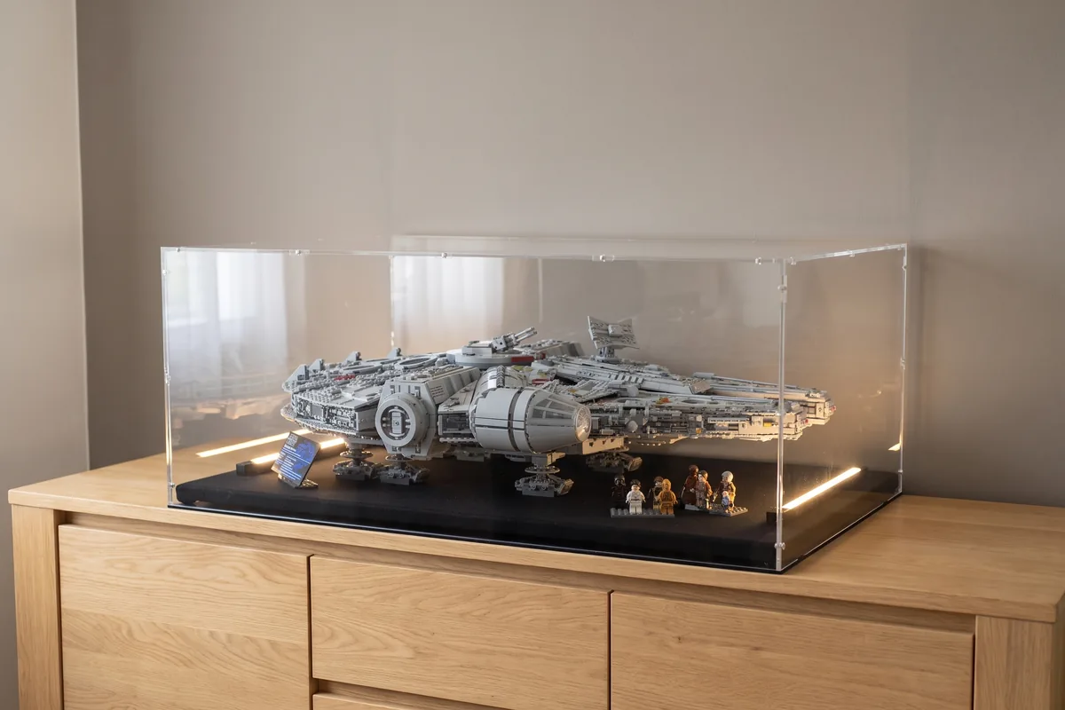 Made-to-measure oversize acrylic display case over a large LEGO model