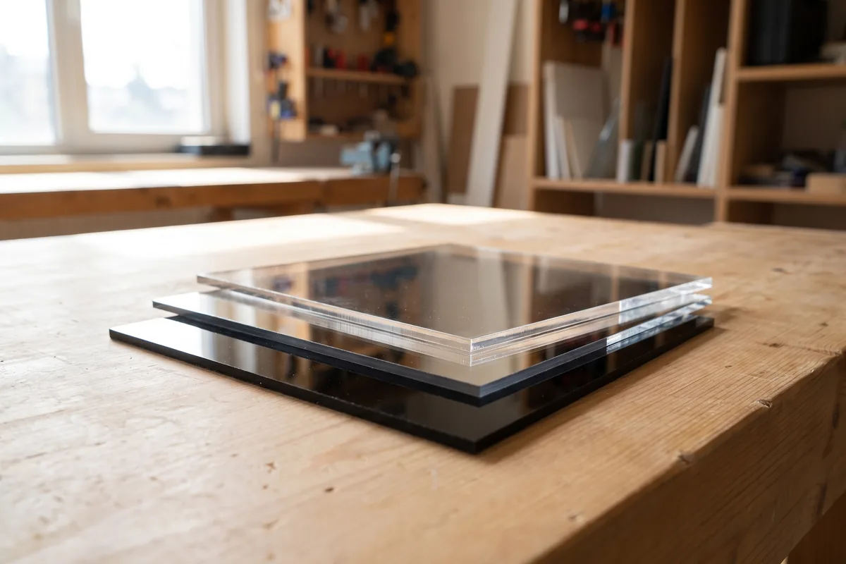 Three rectangular acrylic sheets cut to size: transparent, reflective and black