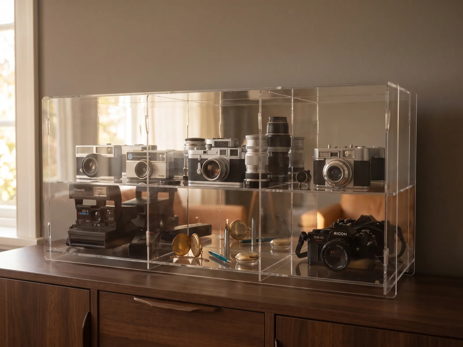 Display cabinet with vintage cameras and pocket watches on a sideboard